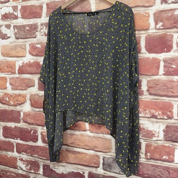 Allen B Schwartz Kimono Top Shirt Women's XL Gray Yellow Birds Sheer Popover - Picture 3 of 8